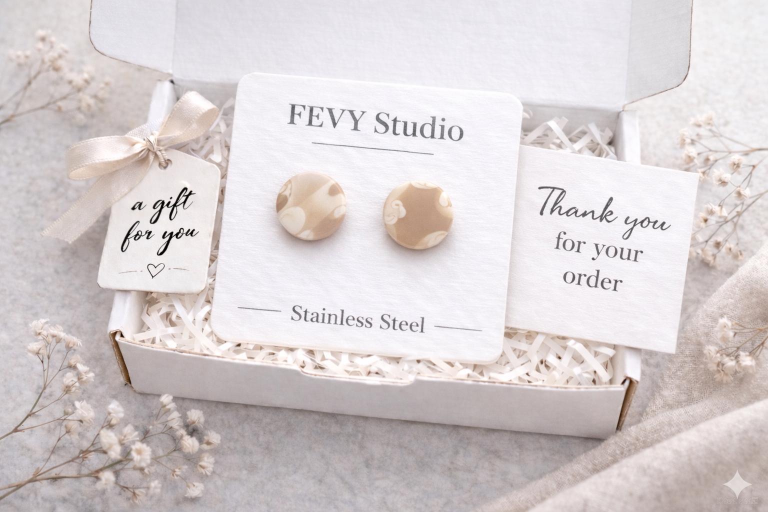 Neutral Beige Stud Earrings, Minimalist Polymer Clay Earrings, Lightweight Earrings, Everyday Jewelry, Gift for Her, Stainless Steel