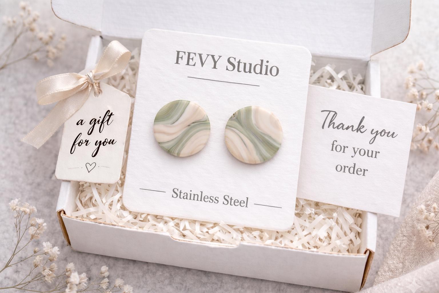 Sage Marble Stud Earrings, Polymer Clay Earrings, Minimalist Neutral Jewelry, Handmade Lightweight Earrings, Gift for Her