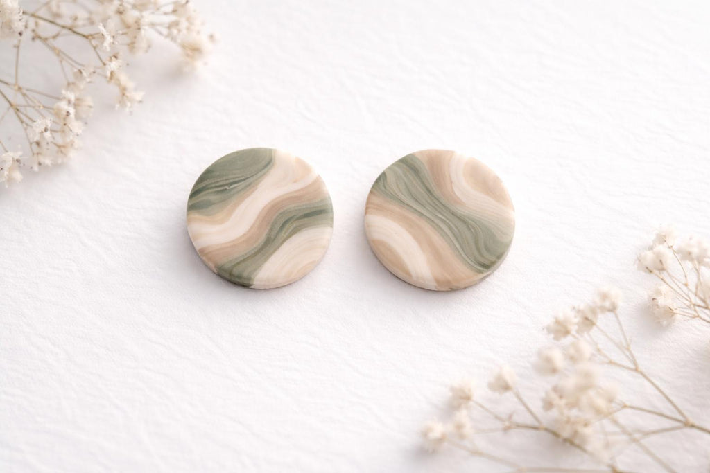 Sage Marble Stud Earrings, Polymer Clay Earrings, Minimalist Neutral Jewelry, Handmade Lightweight Earrings, Gift for Her