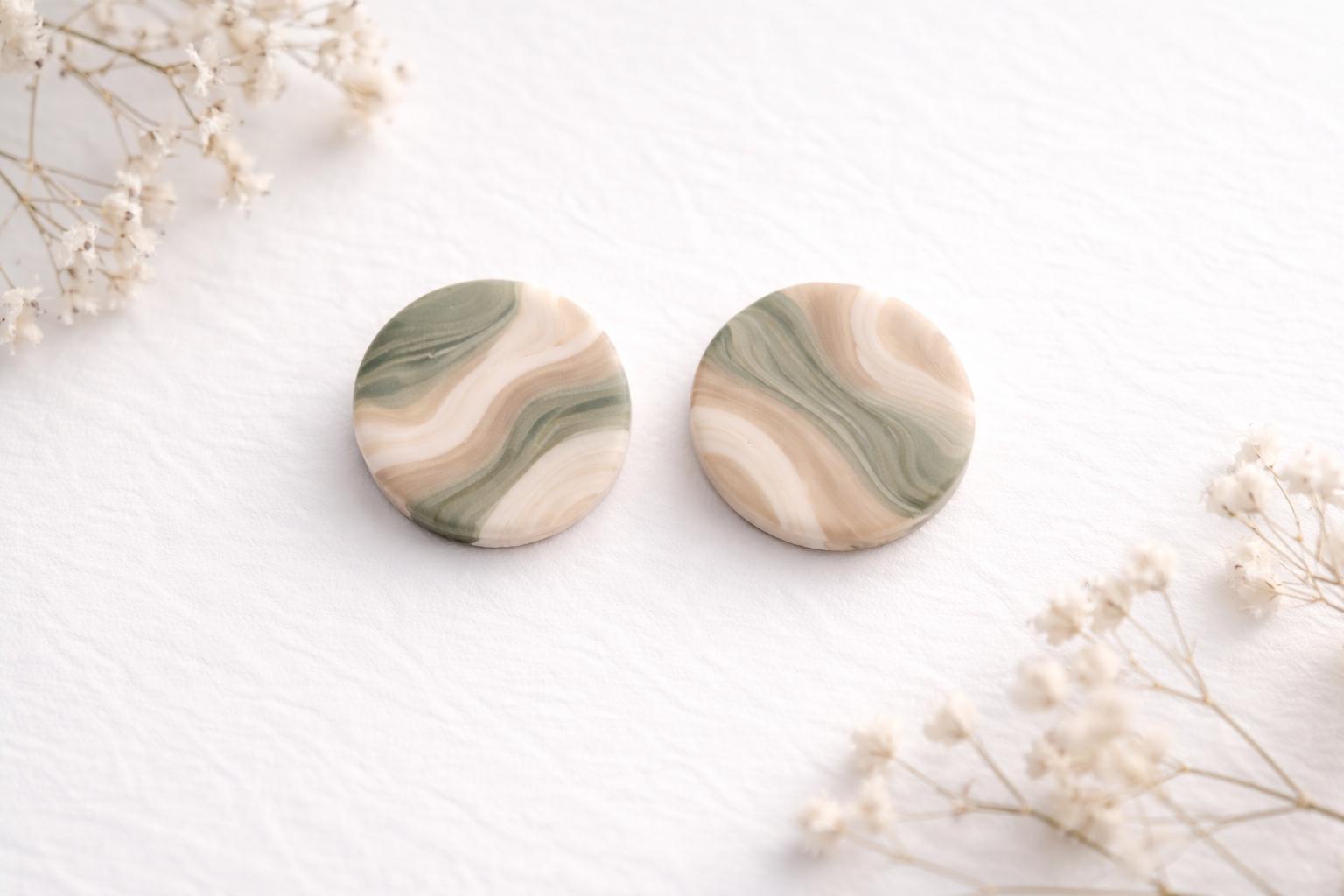 Sage Marble Stud Earrings, Polymer Clay Earrings, Minimalist Neutral Jewelry, Handmade Lightweight Earrings, Gift for Her