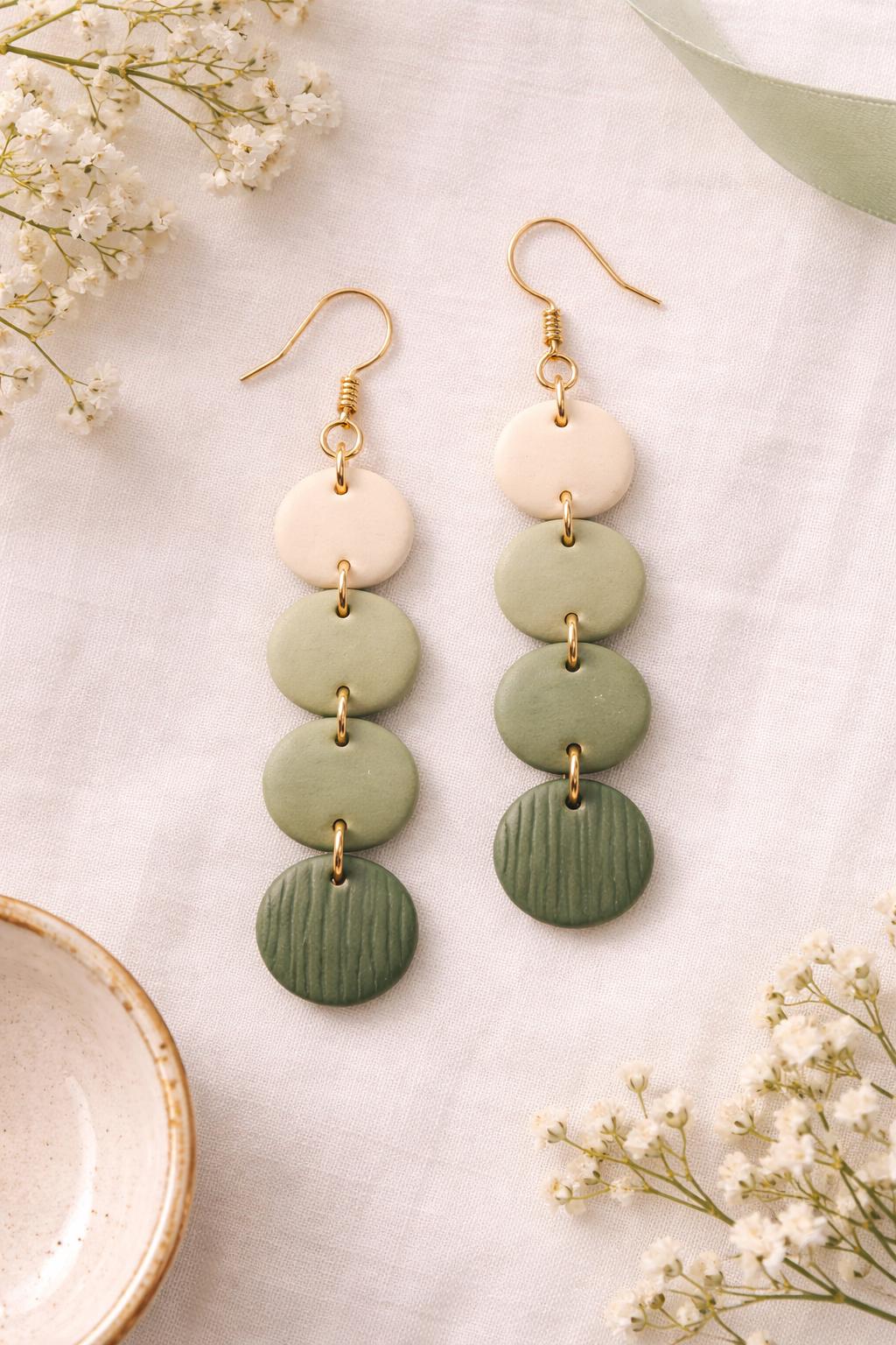 Sage Green Dangle Earrings, Minimalist Polymer Clay Earrings, Gold Hook Earrings, Neutral Handmade Jewelry, Gift for Her, Lightweight