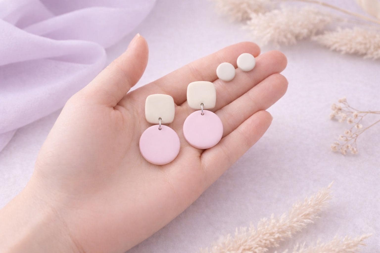 Handmade Polymer Clay Dangle Earrings, Minimalist Pastel Jewelry Set, Lightweight Gift