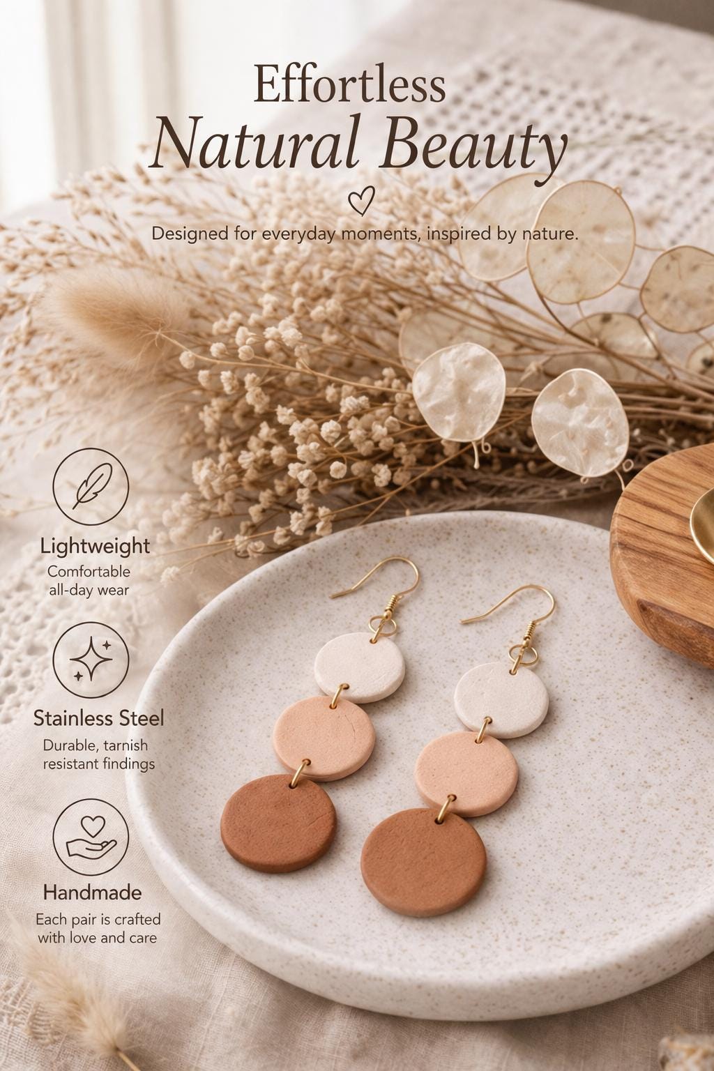 Minimalist Clay Earrings Neutral Tones | Boho Dangle Earrings | Polymer Clay Jewelry | Gift for Mom | Lightweight
