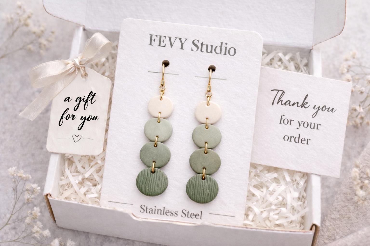 Sage Green Dangle Earrings, Minimalist Polymer Clay, 18K Gold Hooks, Boho Neutral Jewelry