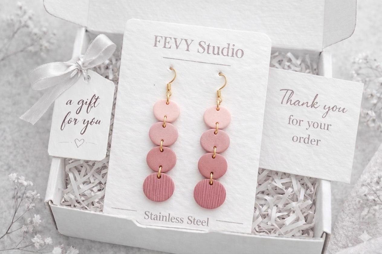 Dusty Pink Dangle Earrings, Polymer Clay Earrings, Minimalist Statement Earrings, Lightweight Jewelry, Gift for Her, Handmade Earrings, Soft