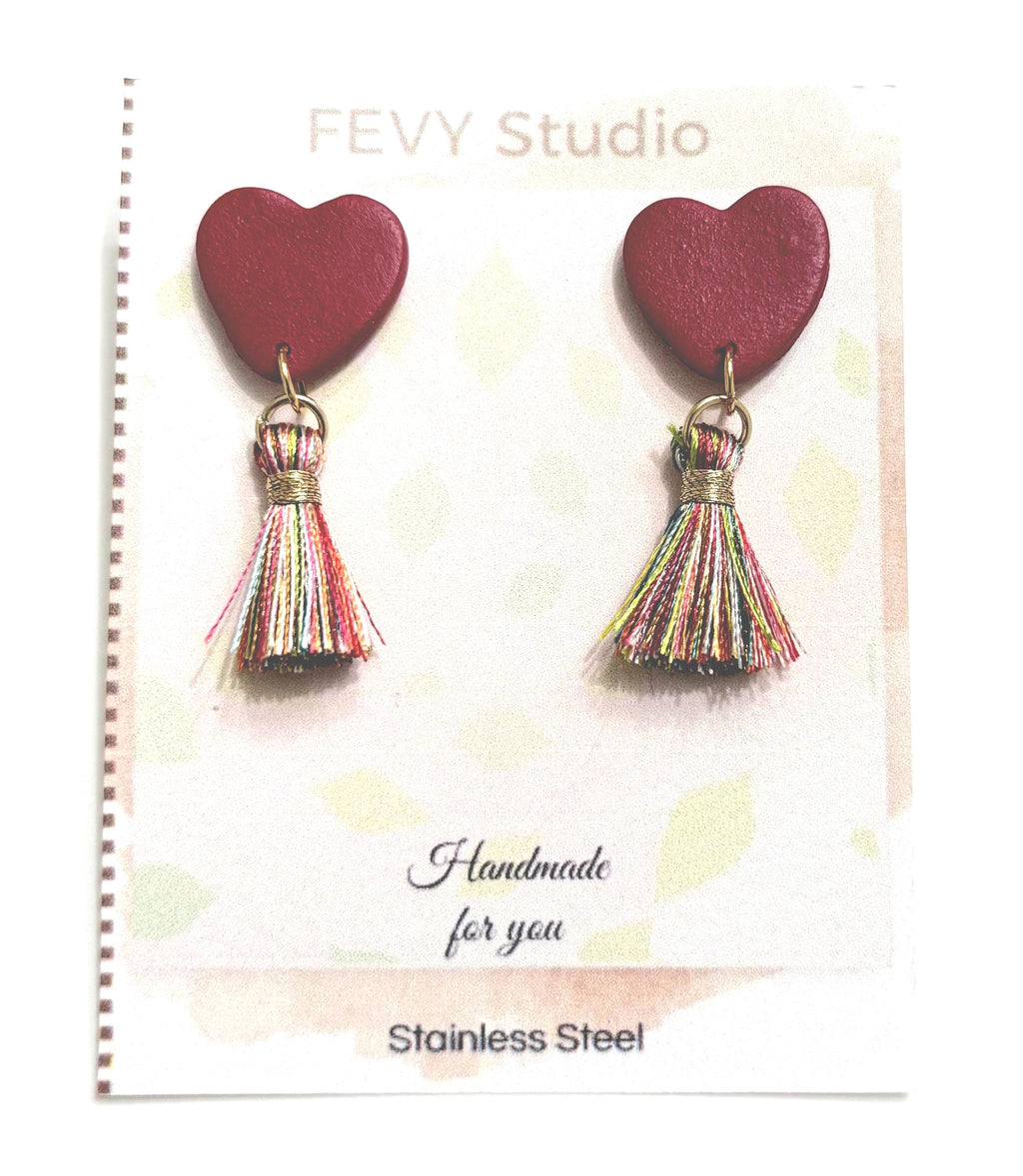 Handmade Polymer Clay Earrings – Red Heart & Rainbow Tassel Dangles – Lightweight Statement Jewelry with Stainless Steel Hooks