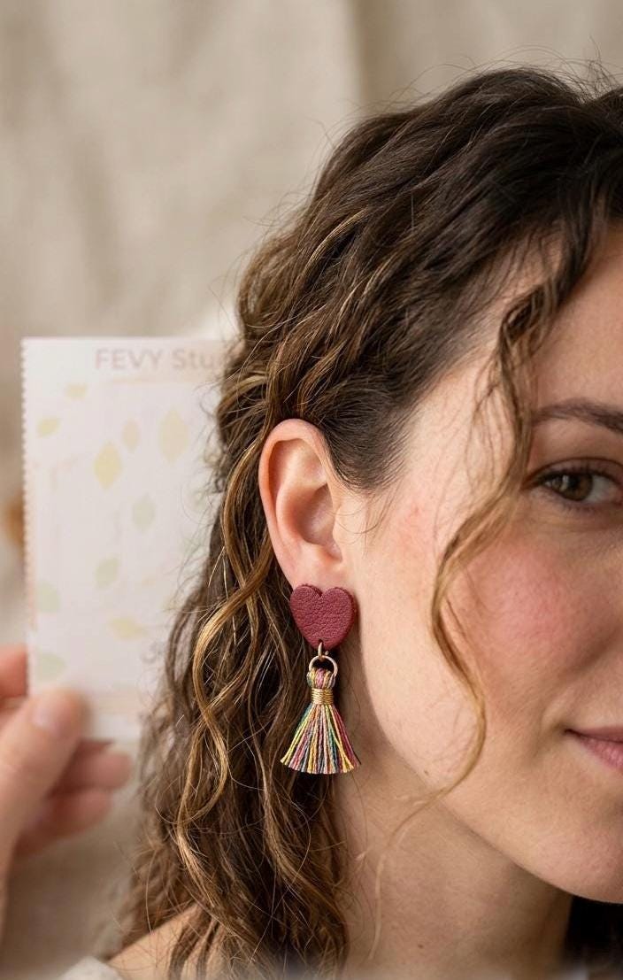 Handmade Polymer Clay Earrings – Red Heart & Rainbow Tassel Dangles – Lightweight Statement Jewelry with Stainless Steel Hooks