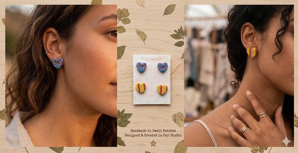 Handmade Polymer Clay Heart Earrings – Butterfly & Rainbow Stripe – Lightweight Statement Jewelry