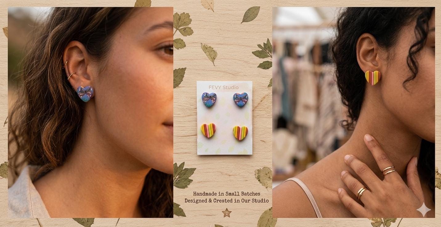 Handmade Polymer Clay Heart Earrings – Butterfly & Rainbow Stripe – Lightweight Statement Jewelry