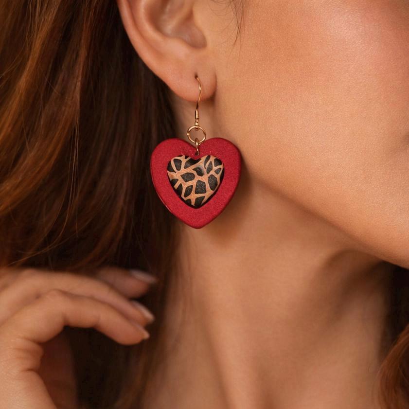 Handmade Clay Heart Dangle Earrings - Pink & Red Heart Dangles - Leopard, Striped Designs - Stainless Steel - Valentines Day Earrings