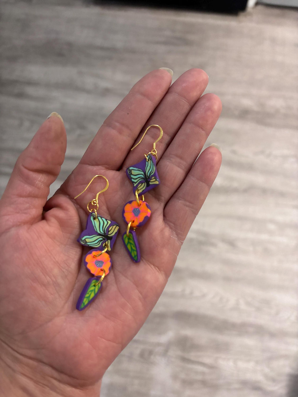 Colorful Butterfly Flower Dangle Earrings | Polymer Clay Statement Jewelry | Gold Hooks
