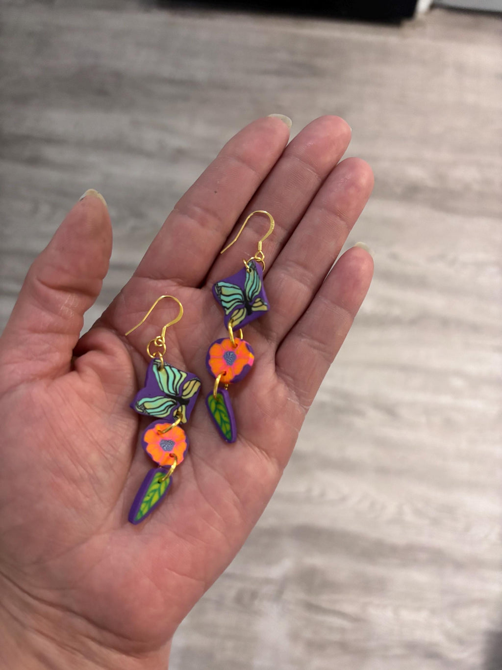 Butterfly Flower Dangle Earrings | Polymer Clay Statement Jewelry | 18k Gold Plated Hooks | Colorful