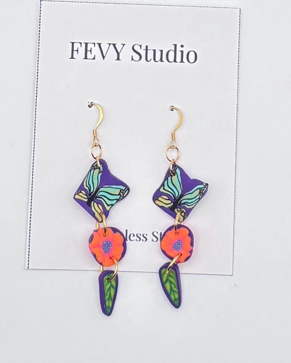 Colorful Butterfly Flower Dangle Earrings | Polymer Clay Statement Jewelry | Gold Hooks