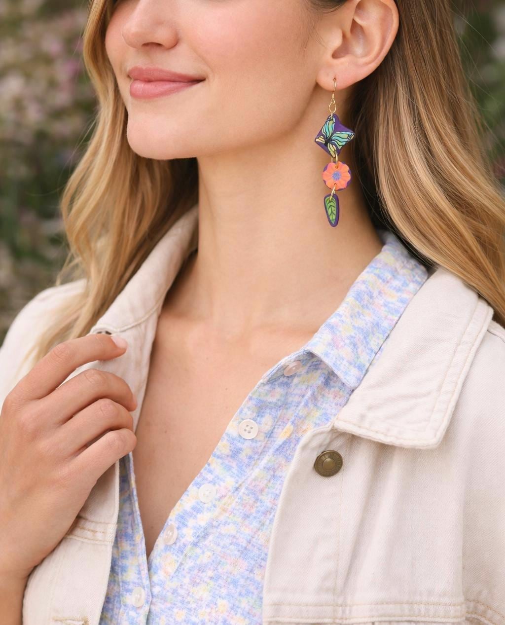 Colorful Butterfly Flower Dangle Earrings | Polymer Clay Statement Jewelry | Gold Hooks