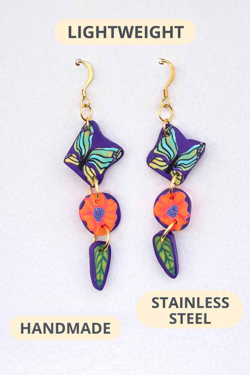 Butterfly Flower Dangle Earrings | Polymer Clay Statement Jewelry | 18k Gold Plated Hooks | Colorful