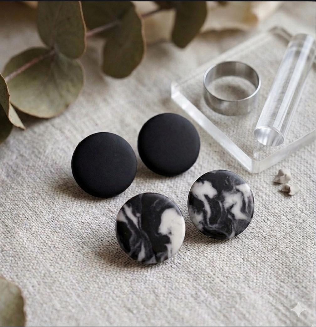 Matte Black Marble Stud Earrings Set, Minimalist Stainless Steel Jewelry