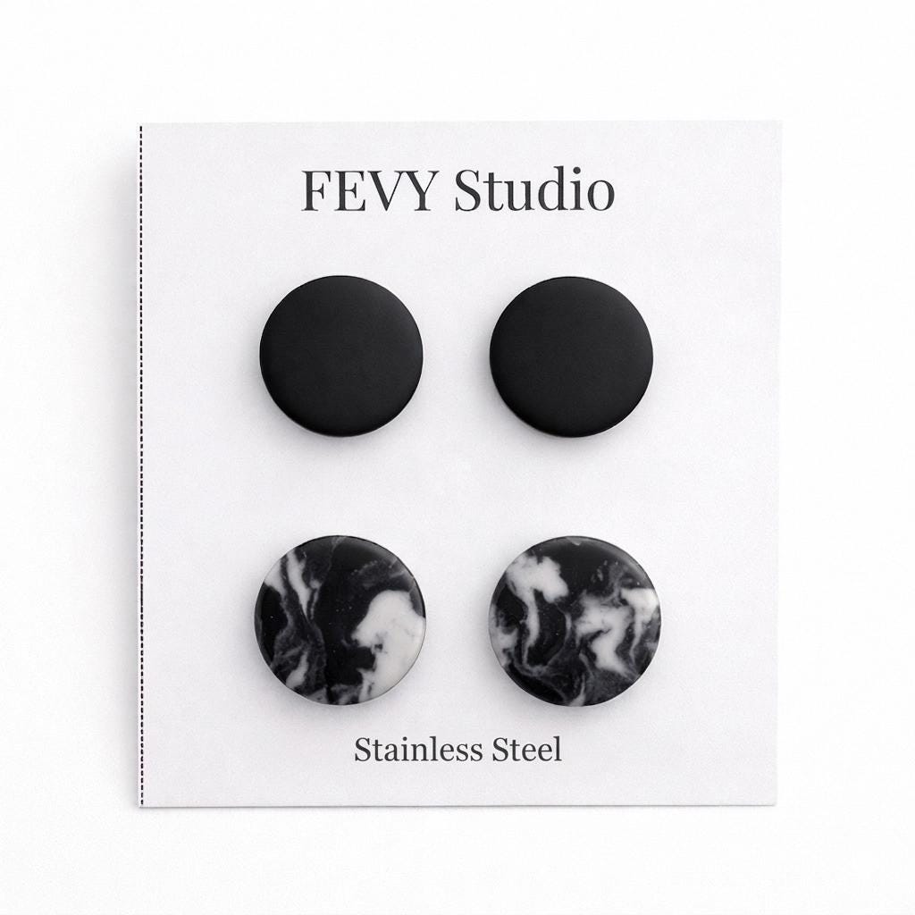 Matte Black Marble Stud Earrings Set, Minimalist Stainless Steel Jewelry