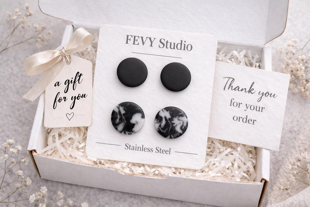 Matte Black Marble Stud Earrings Set, Minimalist Stainless Steel Jewelry
