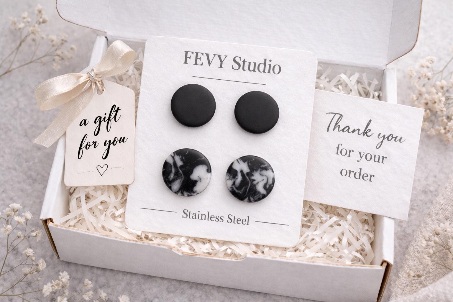 Matte Black Marble Stud Earrings Set, Minimalist Stainless Steel Jewelry