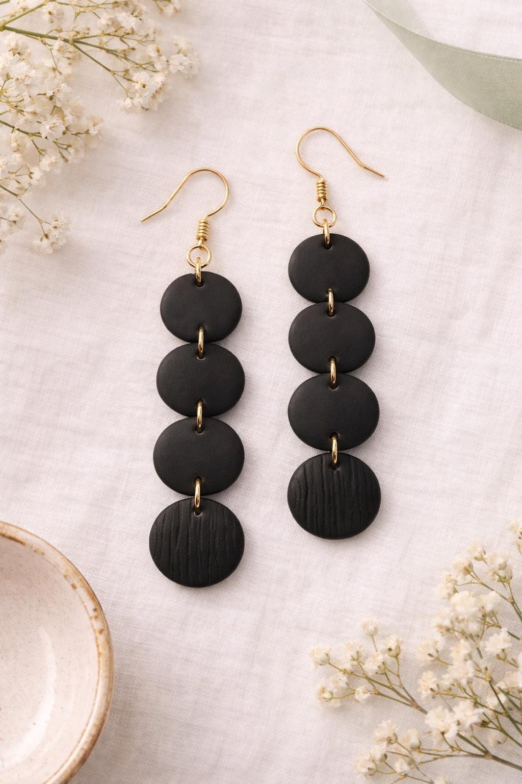 Black Statement Earrings – Minimalist Style Clay Earrings – 18K Gold-Plated Hooks – Lightweight Dangle Earrings – Gift for Her