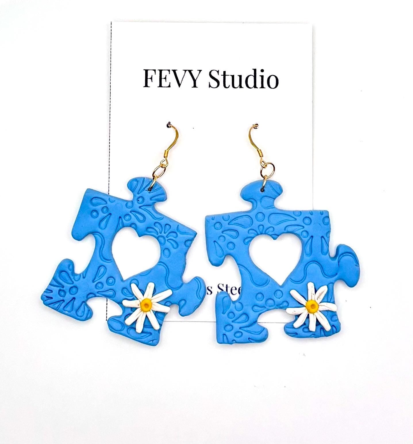 Blue Puzzle Piece Earrings | Autism Awareness Daisy Detail, Handmade Polymer Clay