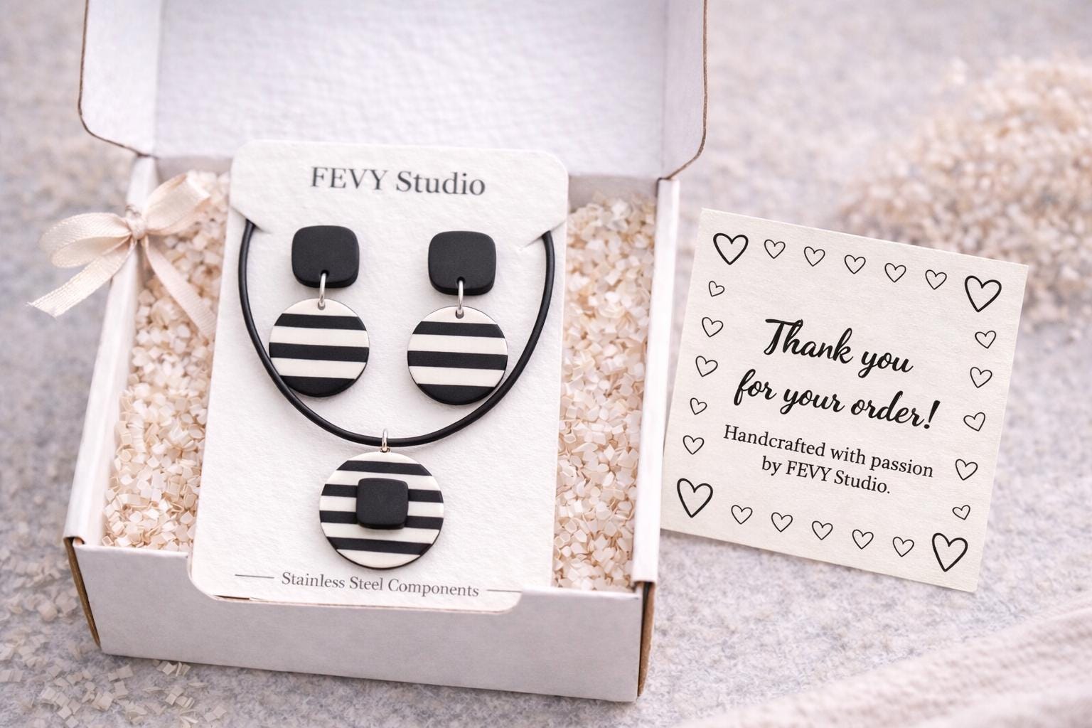Black White Striped Polymer Clay Jewelry Set | Modern Geometric Dangle Earrings Necklace