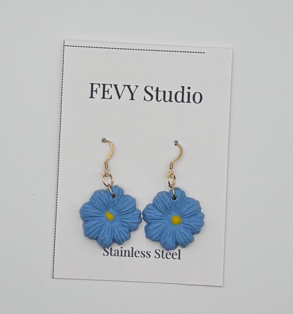 Handmade Blue Floral Polymer Clay Dangle Earrings | 18K Gold Plated Hooks