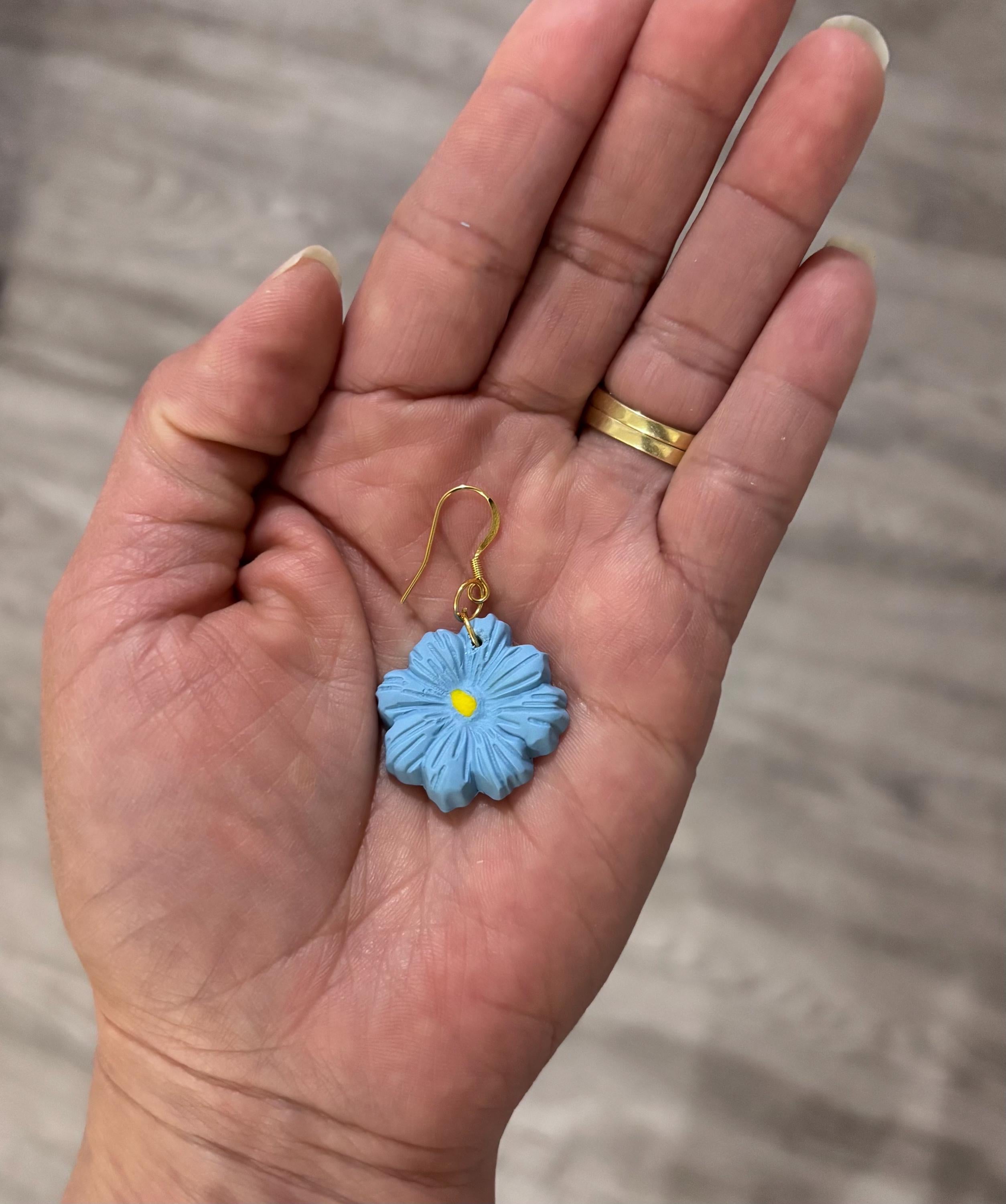Handmade Blue Floral Polymer Clay Dangle Earrings | 18K Gold Plated Hooks