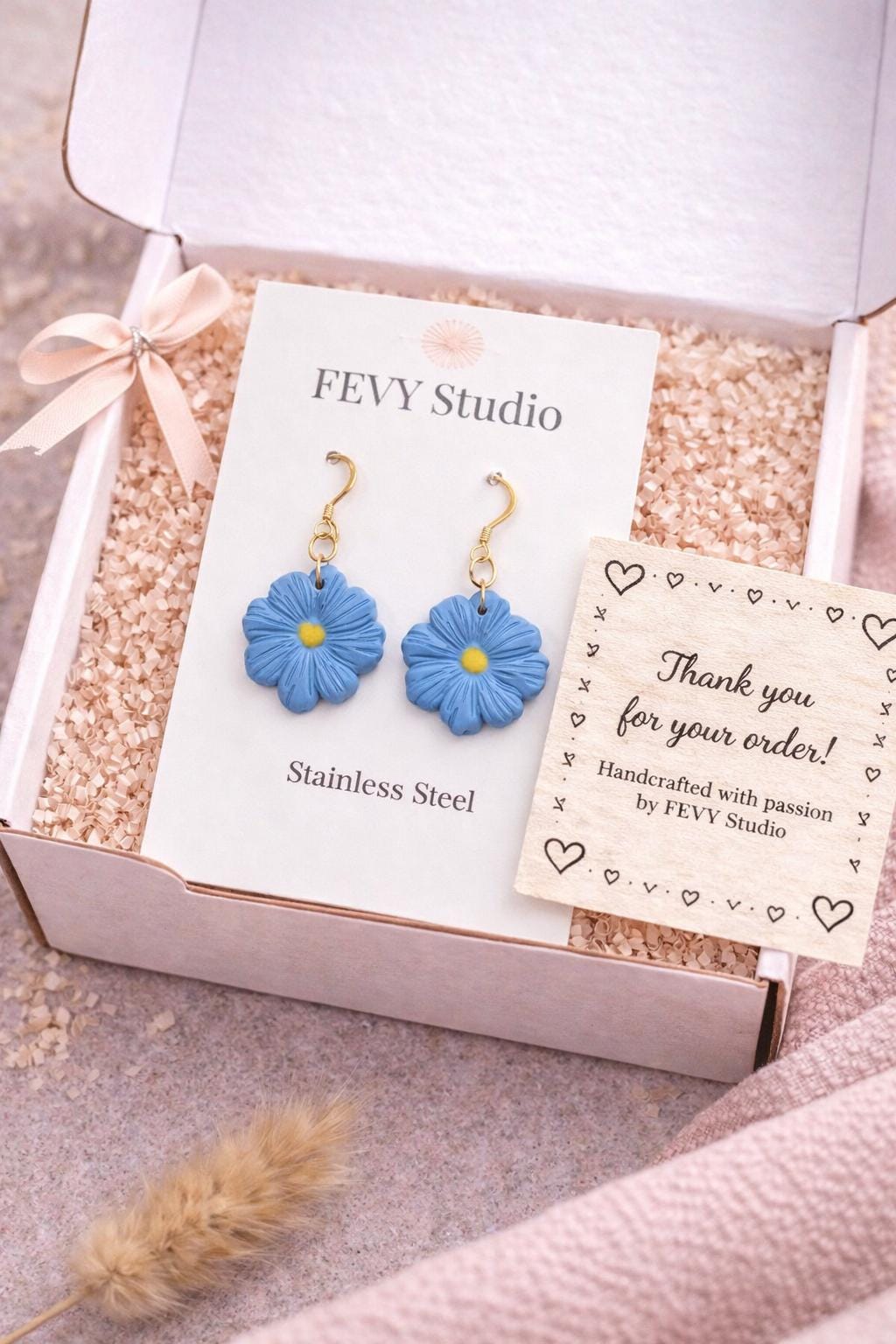 Handmade Blue Floral Polymer Clay Dangle Earrings | 18K Gold Plated Hooks