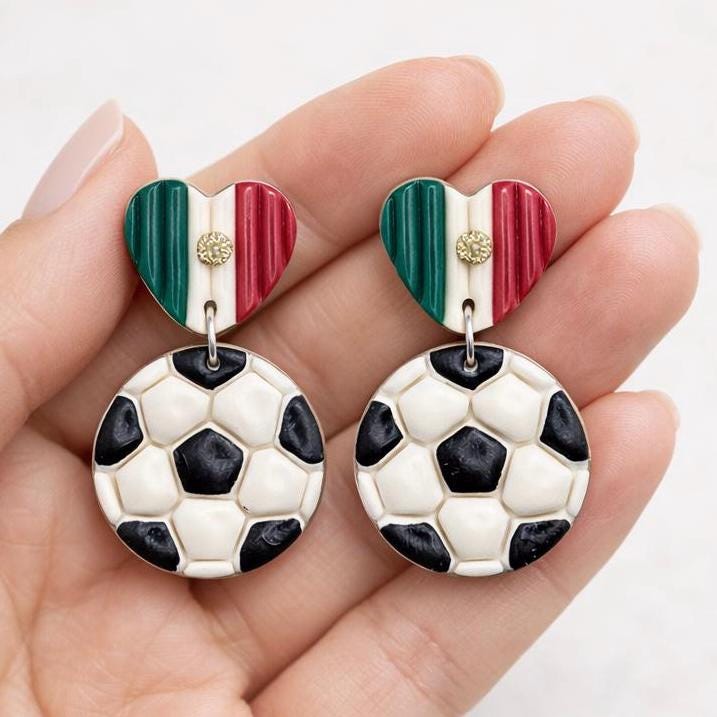 Mexican Flag Heart Soccer Ball Earrings, Handmade Polymer Clay Sports Jewelry