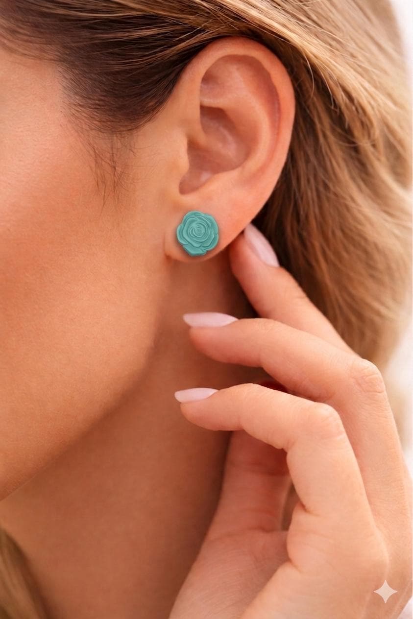 Rose Flower Stud Earrings Set | Turquoise Gold Earrings | Polymer Clay Jewelry | Stainless Steel Posts Gift for Women