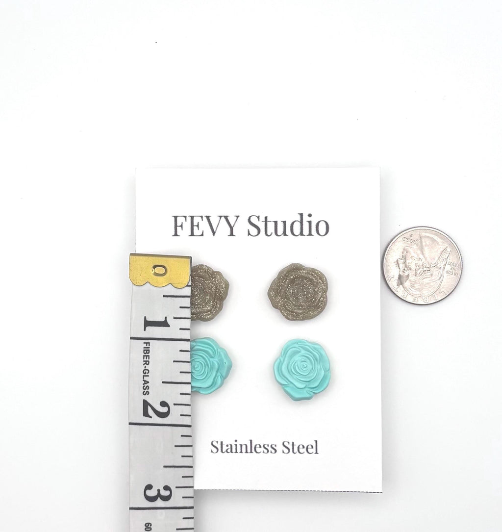Rose Flower Stud Earrings Set | Turquoise Gold Earrings | Polymer Clay Jewelry | Stainless Steel Posts Gift for Women