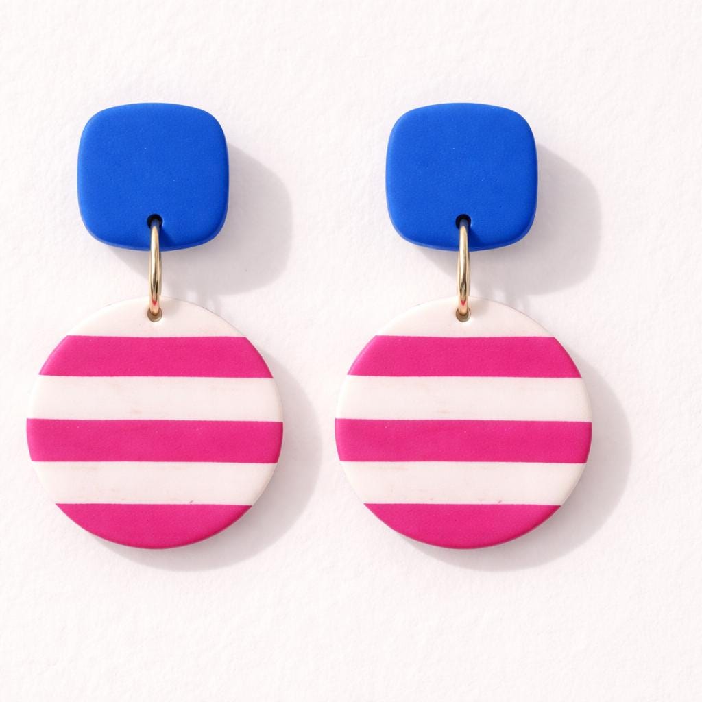 Coastal Chic Earrings, Handmade Striped Polymer Clay Dangles, Lightweight Summer Jewelry, Bold Statement Earrings for Women