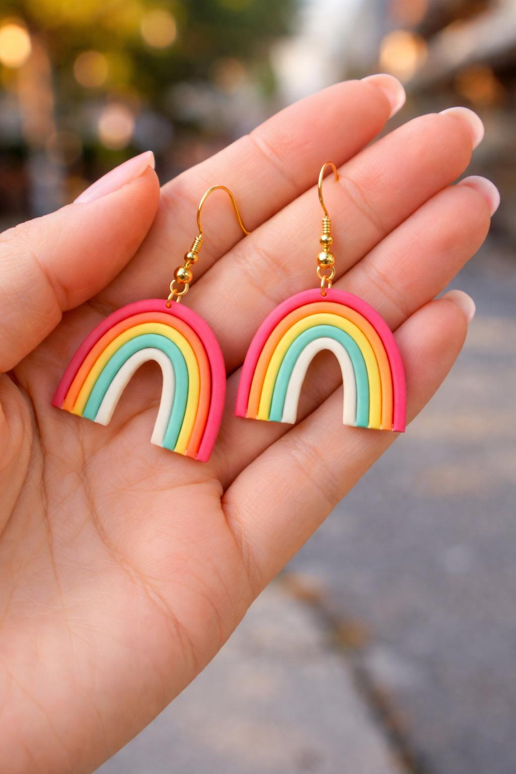 Rainbow Polymer Clay Earrings | 18K Gold Plated Stainless Steel Hooks | Boho Colorful Dangle Gift