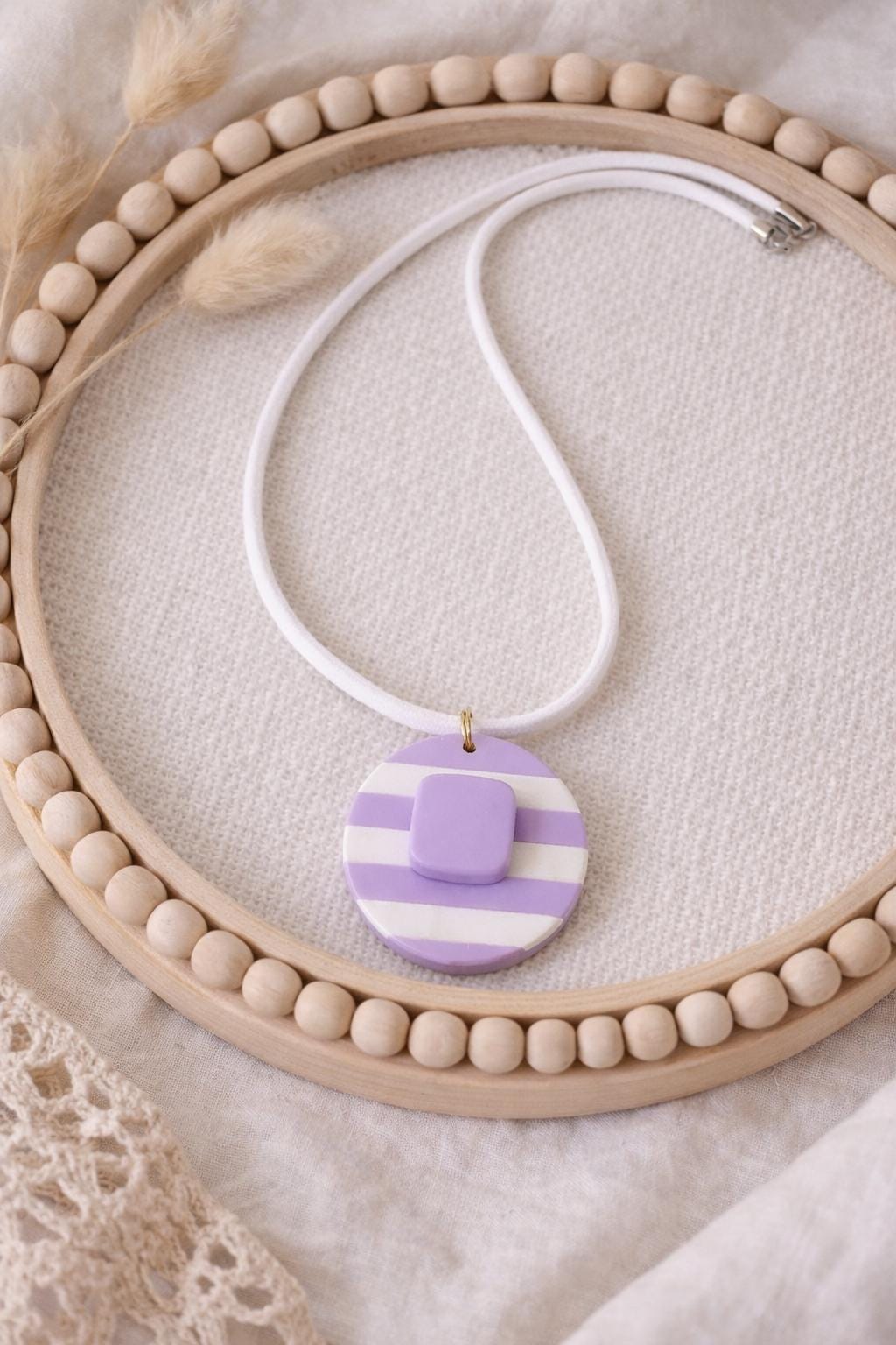 Lilac Striped Pendant Necklace, Polymer Clay Necklace, Minimalist Boho Jewelry, White Cord Necklace, Handmade Gift for Her, Modern Clay