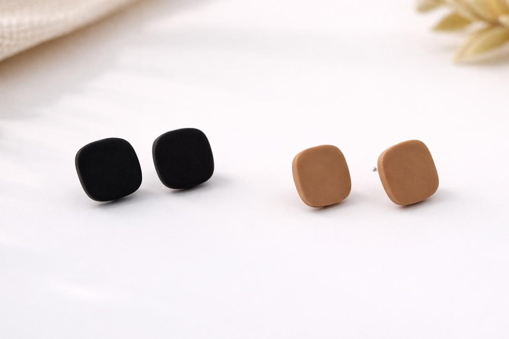 Minimalist Stud Earrings Set, Black & Nude Polymer Clay Earrings, Stainless Steel Posts,Neutral Jewelry Set, Gift for her