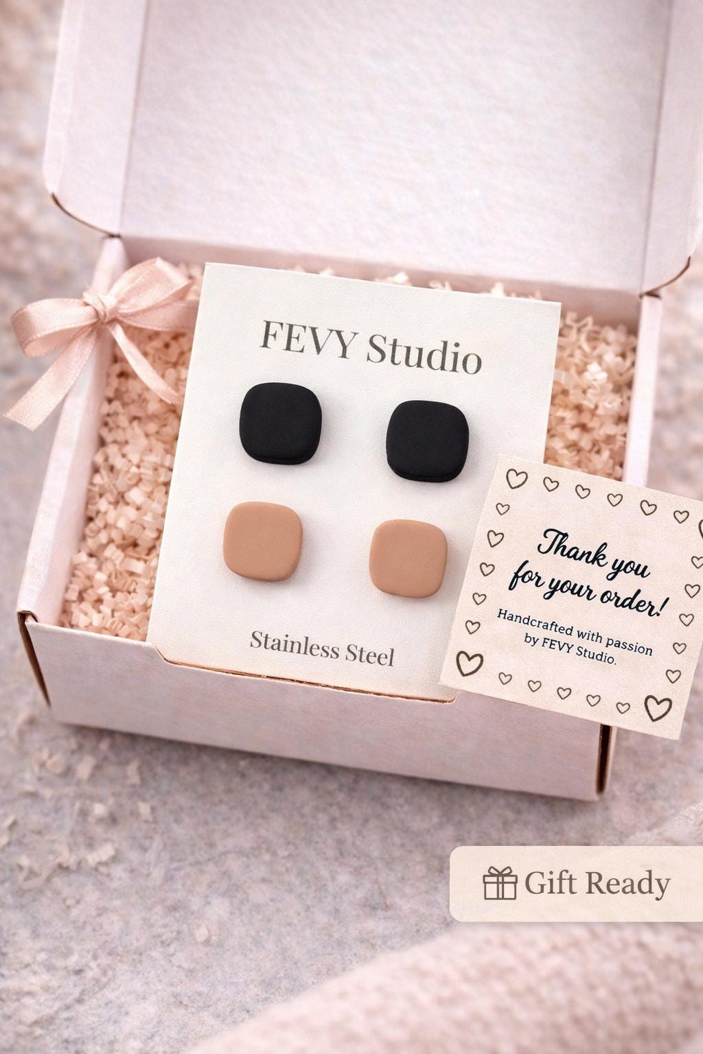 Minimalist Stud Earrings Set, Black & Nude Polymer Clay Earrings, Stainless Steel Posts,Neutral Jewelry Set, Gift for her