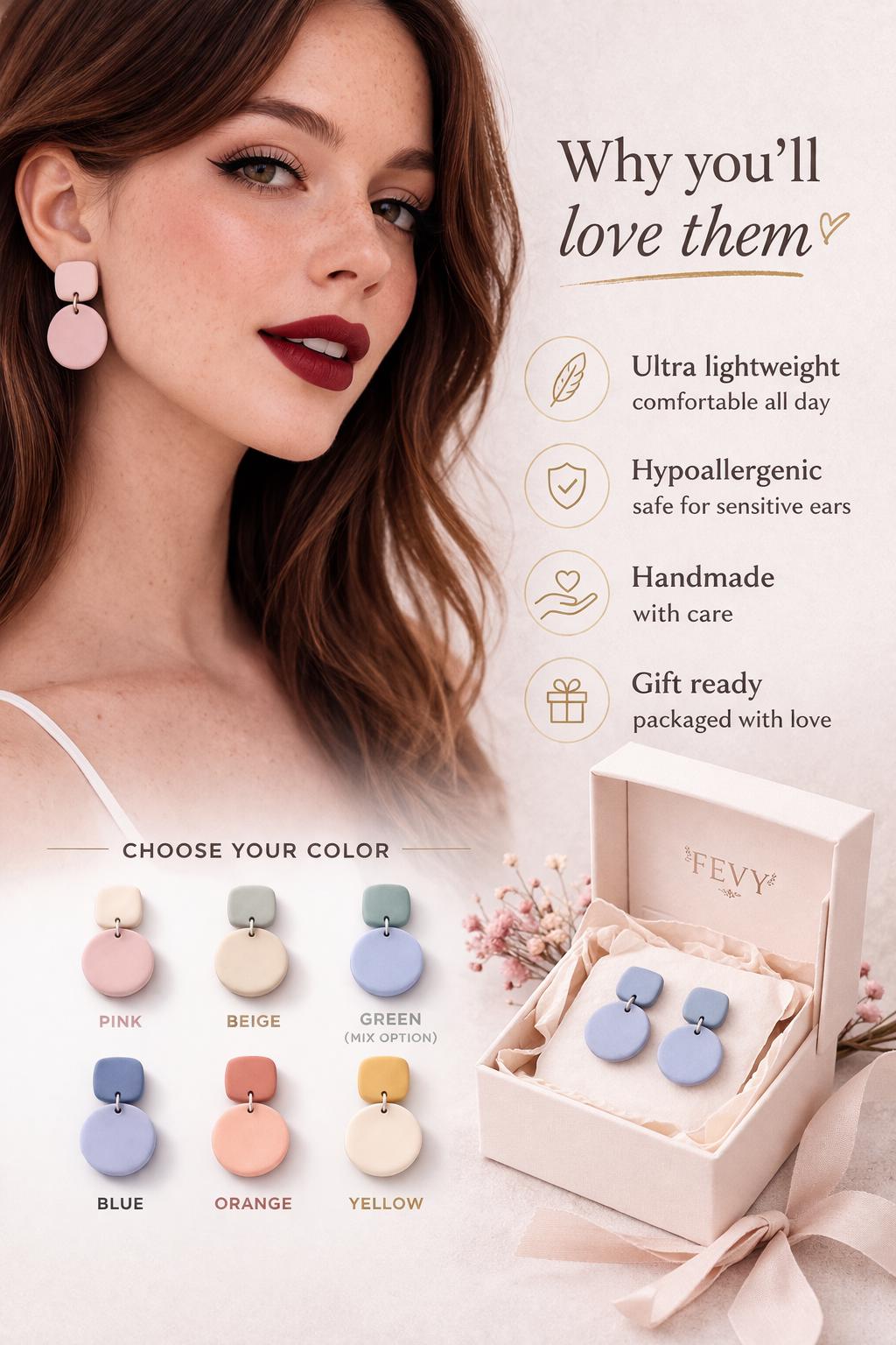 Minimalist Polymer Clay Earrings, 6 Colors Earrings Set, Lightweight Dangle Earrings, Pastel Earrings, Gift for Her, Modern Everyday Jewelry