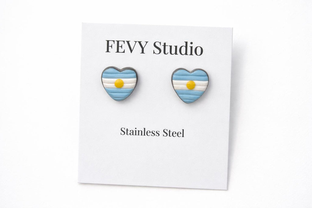 Argentina Flag Heart Earrings, Handmade Polymer Clay Studs, Stainless Steel Posts, Cute Minimalist Jewelry, Gift for Her, Patriotic Jewelry