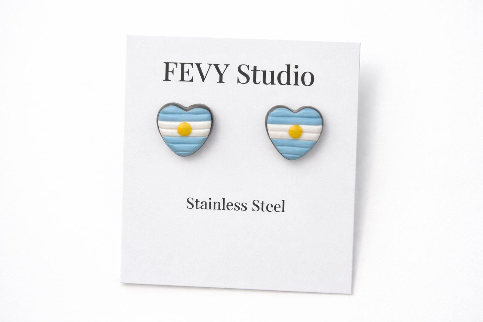 Argentina Flag Heart Earrings, Handmade Polymer Clay Studs, Stainless Steel Posts, Cute Minimalist Jewelry, Gift for Her, Patriotic Jewelry