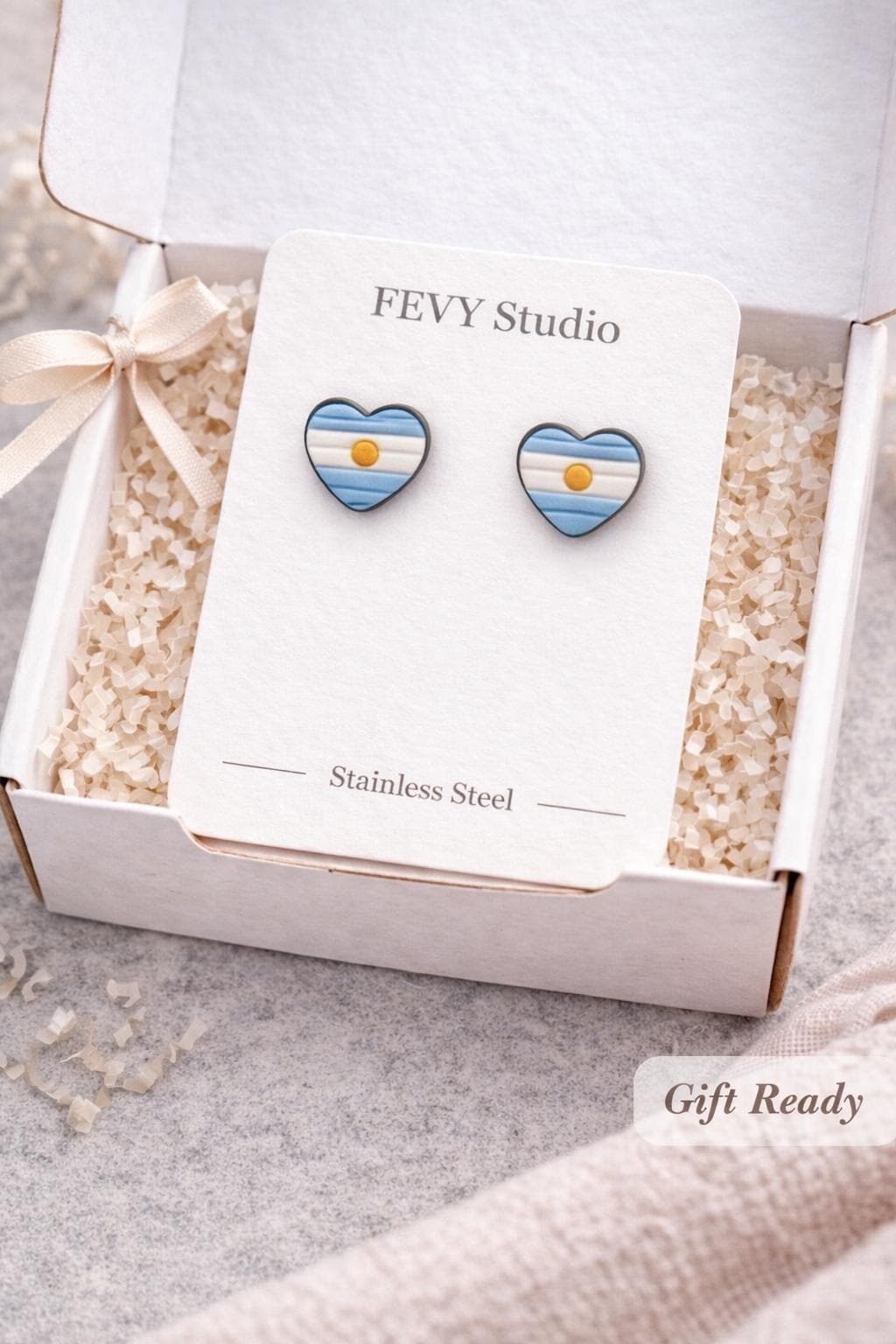 Argentina Flag Heart Earrings, Handmade Polymer Clay Studs, Stainless Steel Posts, Cute Minimalist Jewelry, Gift for Her, Patriotic Jewelry