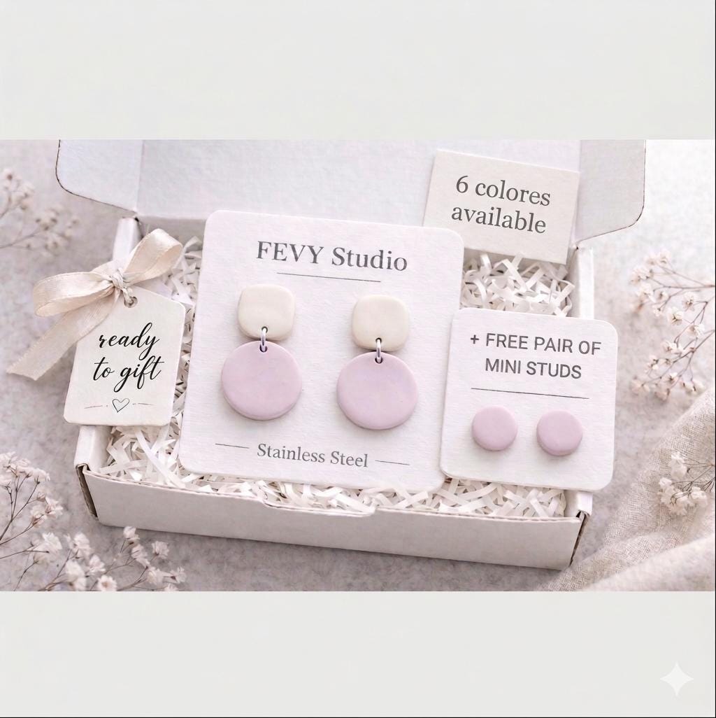 Minimalist Polymer Clay Earrings, 6 Colors Earrings Set, Lightweight Dangle Earrings, Pastel Earrings, Gift for Her, Modern Everyday Jewelry