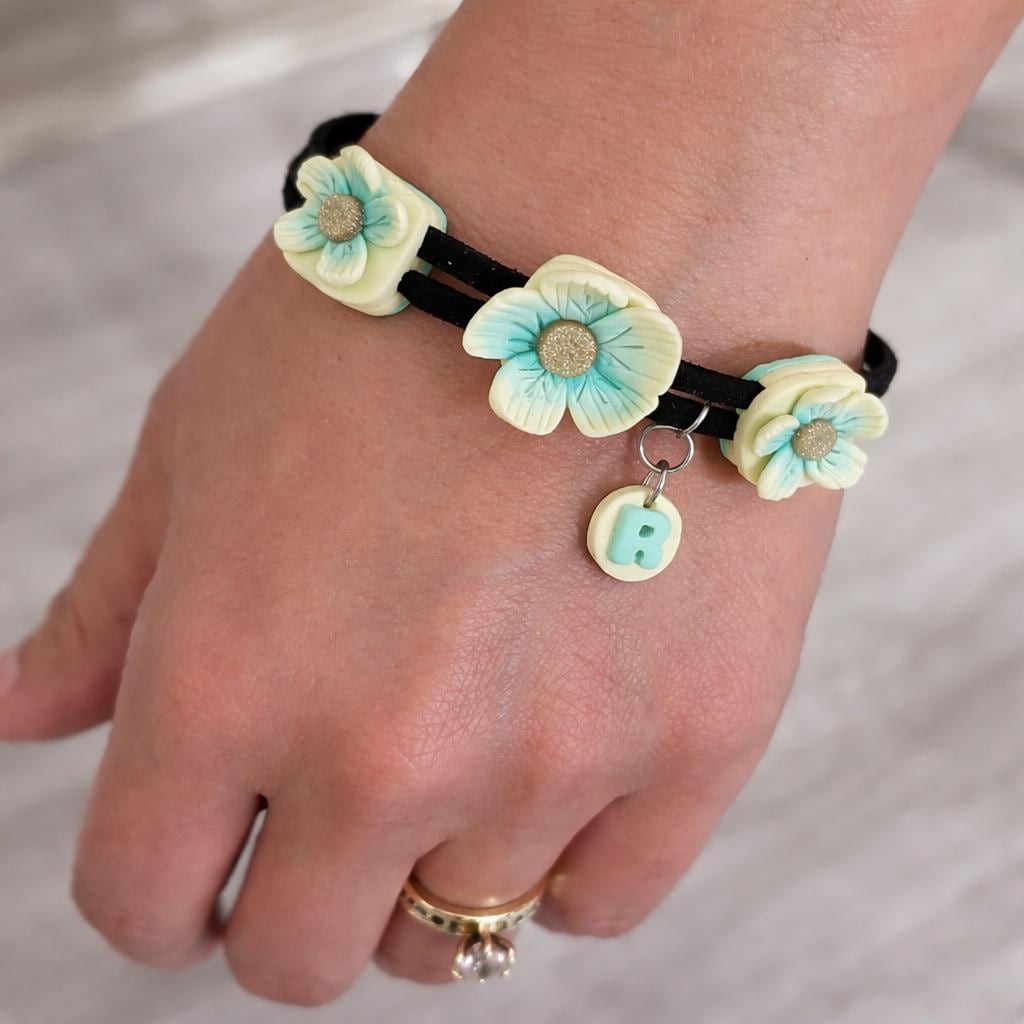 Personalized Initial Bracelet, Custom Name Flower Bracelet, Handmade Floral Jewelry, Vegan Suede Cord, Dainty Gift for Her, Boho Bracelet