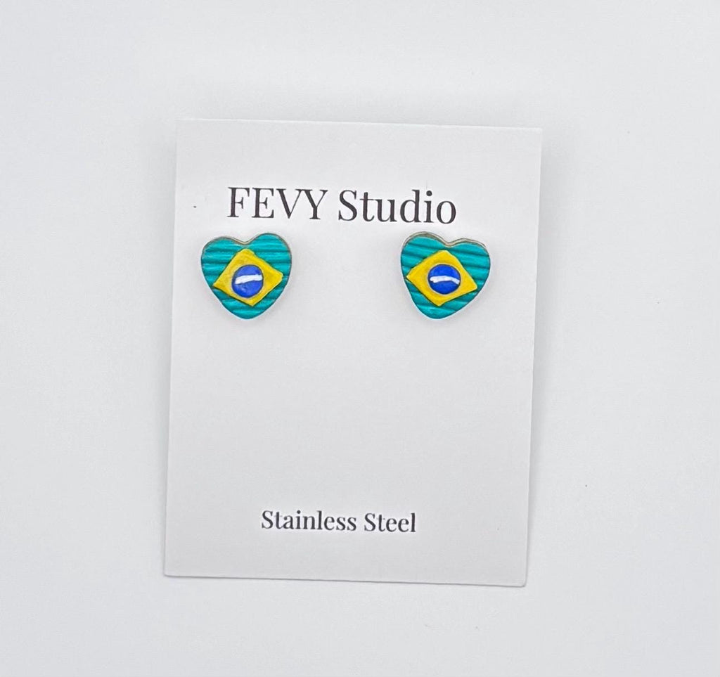 Brazil Flag Heart Stud Earrings | Handmade Polymer Clay | Soccer Fan Gift