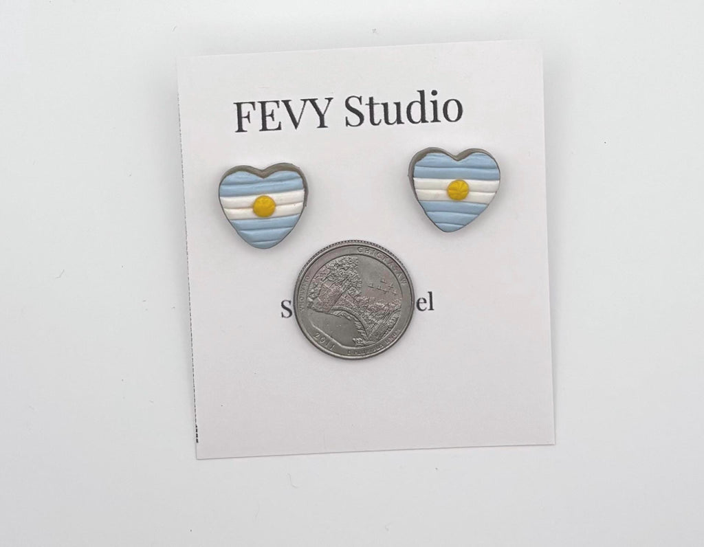 Argentina Flag Heart Earrings, Handmade Polymer Clay Studs, Stainless Steel Posts, Cute Minimalist Jewelry, Gift for Her, Patriotic Jewelry