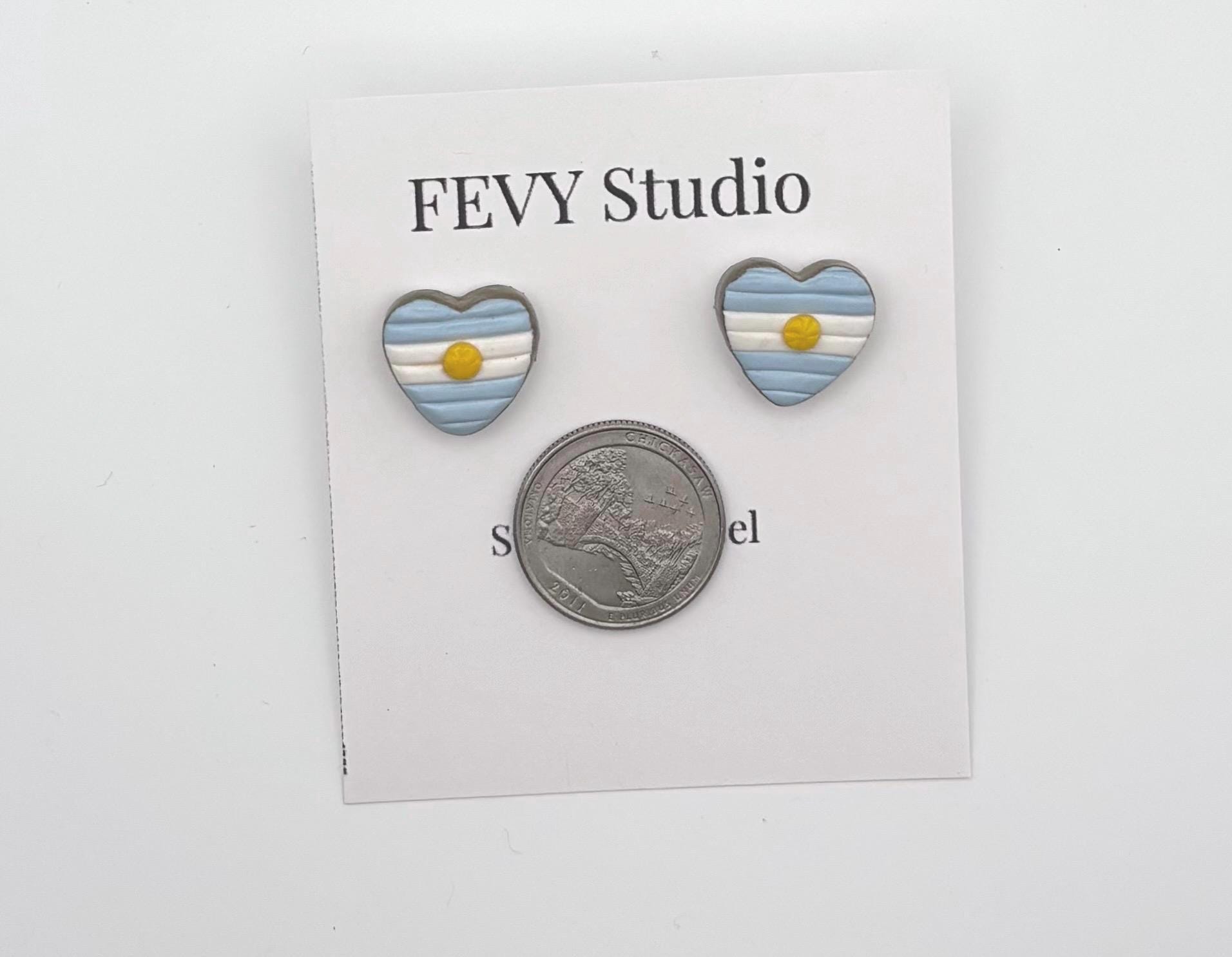Argentina Flag Heart Earrings, Handmade Polymer Clay Studs, Stainless Steel Posts, Cute Minimalist Jewelry, Gift for Her, Patriotic Jewelry