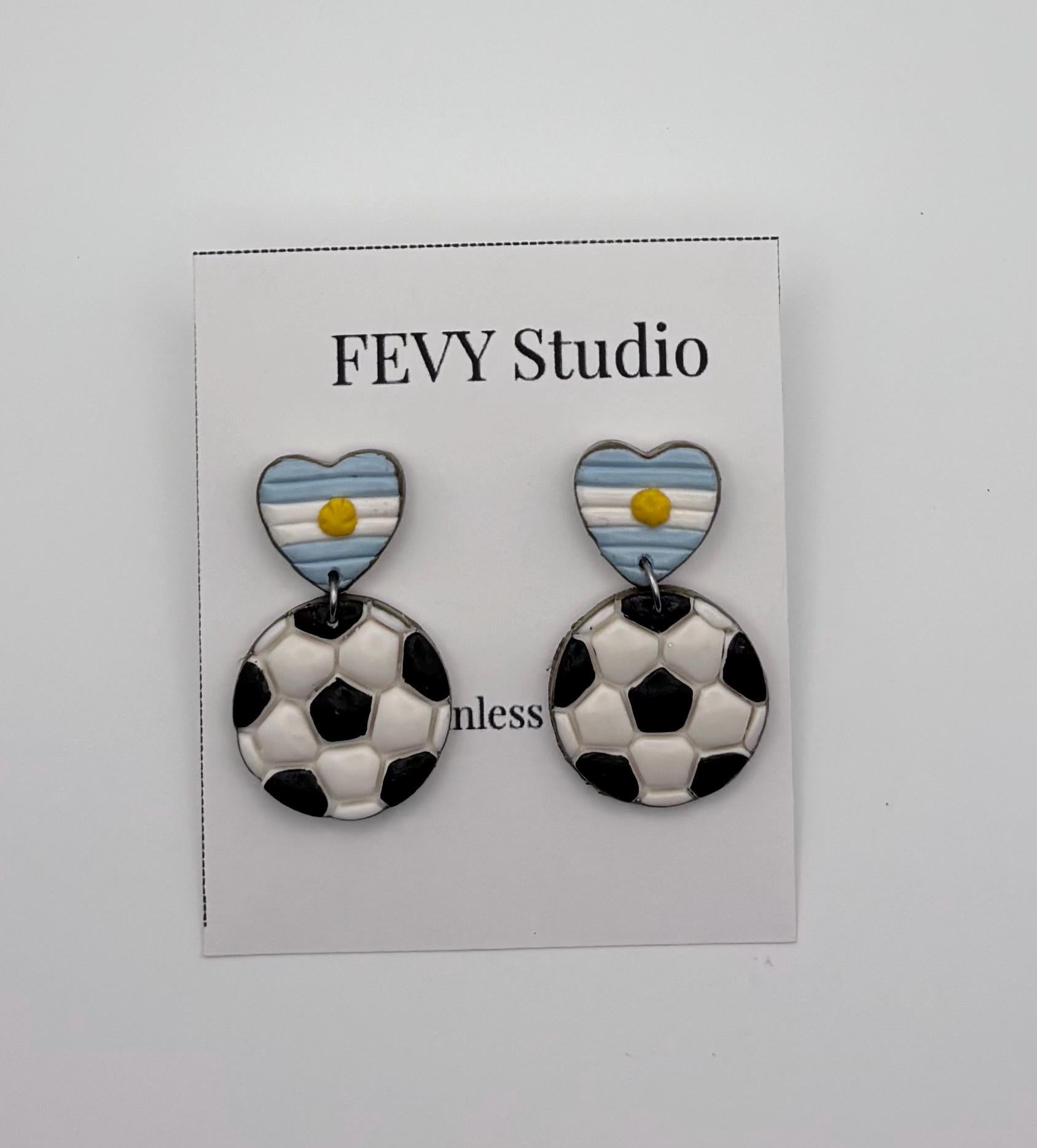 Argentina Soccer Earrings for Mom, Handmade Football Earrings, Argentine Flag Jewelry, Polymer Clay Earrings, Stainless Steel, Soccer Mom
