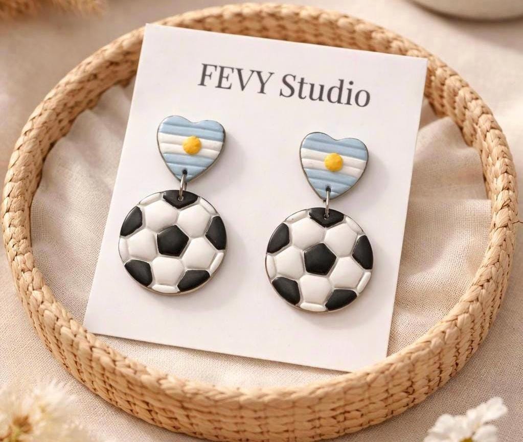 Argentina Soccer Earrings for Mom, Handmade Football Earrings, Argentine Flag Jewelry, Polymer Clay Earrings, Stainless Steel, Soccer Mom
