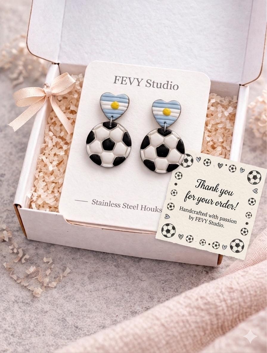 Argentina Soccer Earrings for Mom, Handmade Football Earrings, Argentine Flag Jewelry, Polymer Clay Earrings, Stainless Steel, Soccer Mom