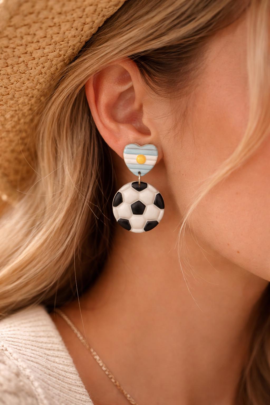 Argentina Soccer Earrings for Mom, Handmade Football Earrings, Argentine Flag Jewelry, Polymer Clay Earrings, Stainless Steel, Soccer Mom
